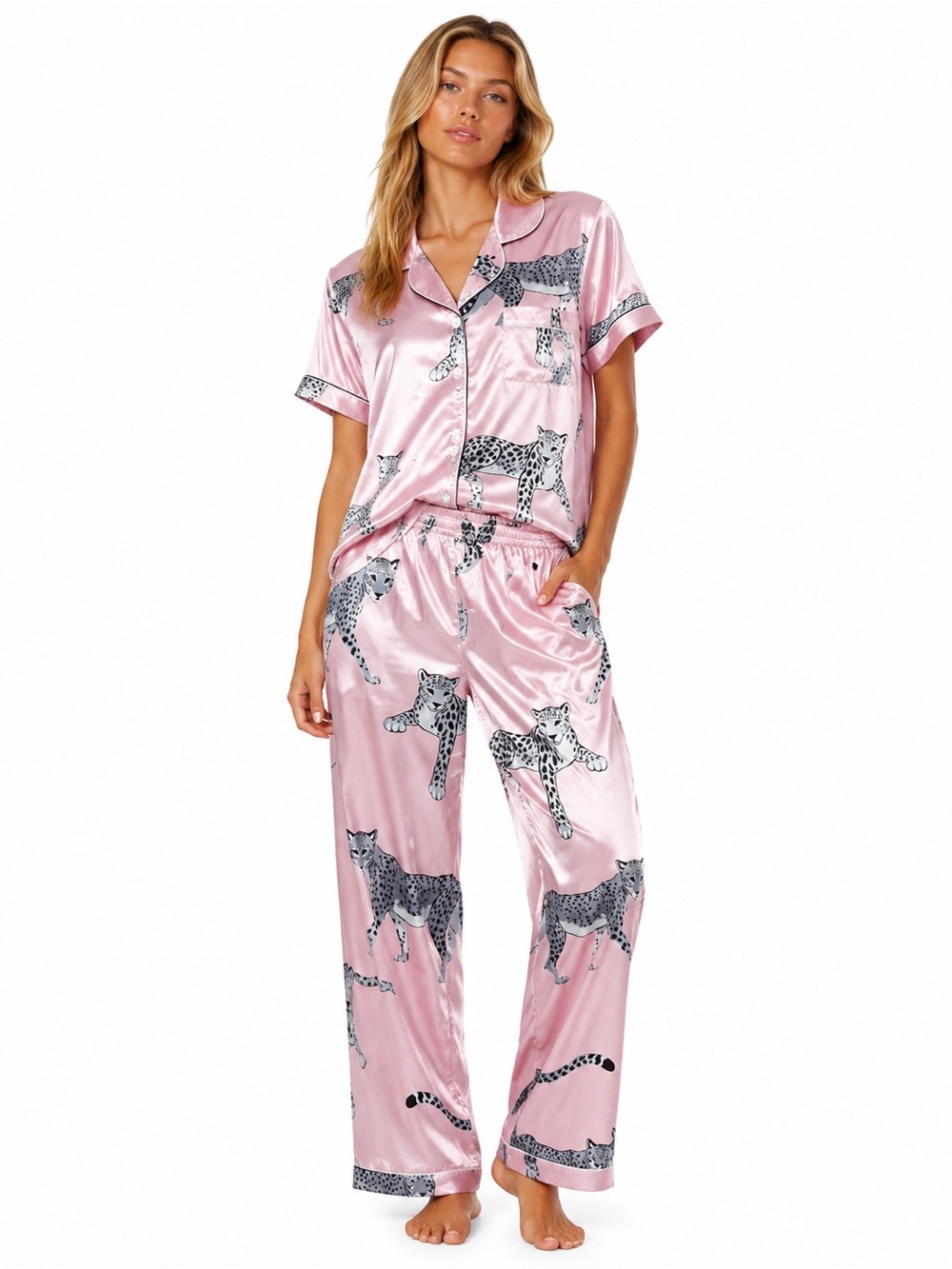 Pink Satin Leopard Print Pajama Set Large and XL New Revolve